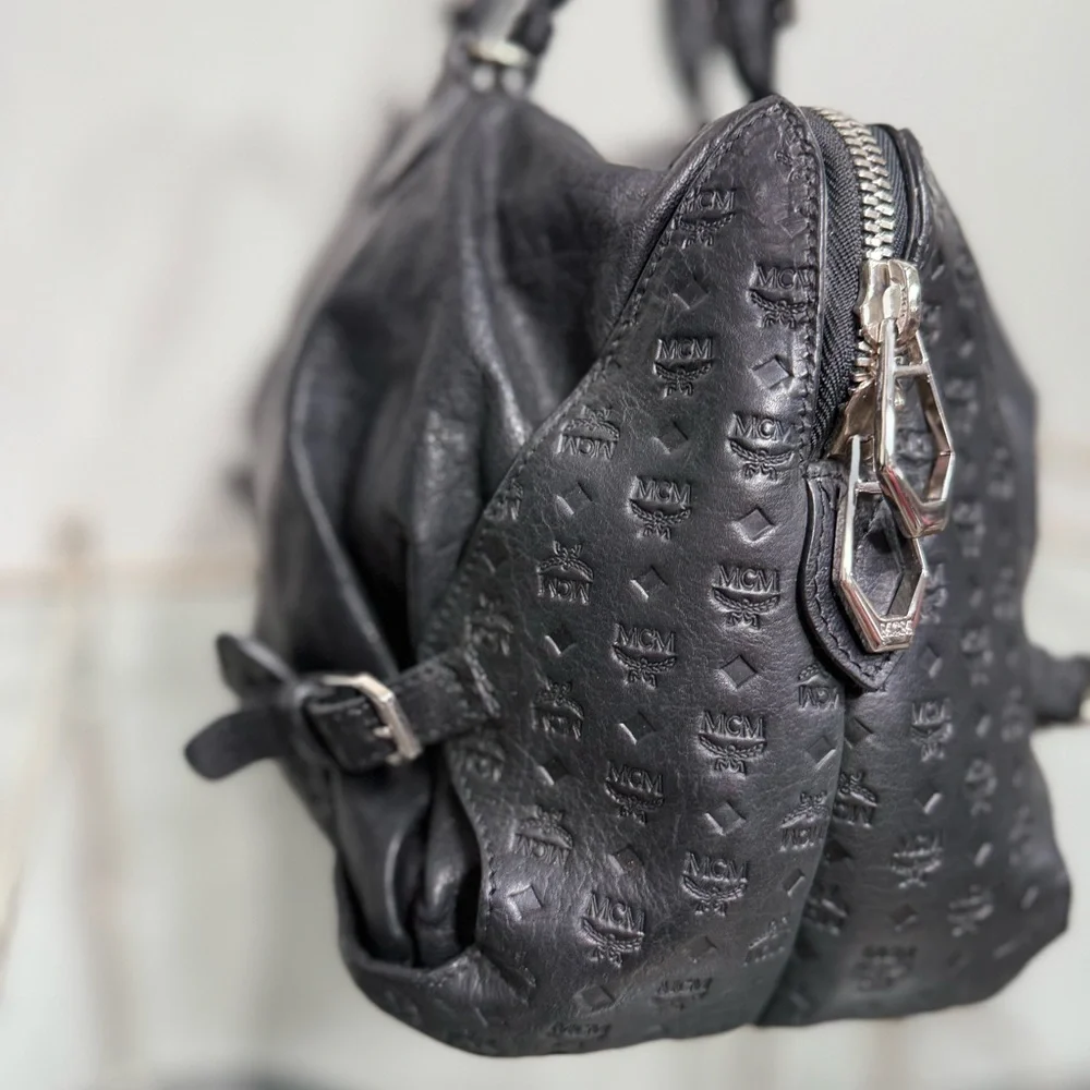 MCM Black Leather Satchel with Silver Accents - Picture 3 of 15